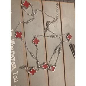 Vintage charming Charlie Silver tone Chain Necklace with Red Clover Charms